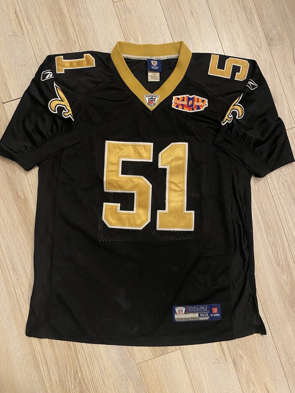 New Orleans Saints Vilma 51 Jersey Reebok Super Bowl XLIV Patch Size 50